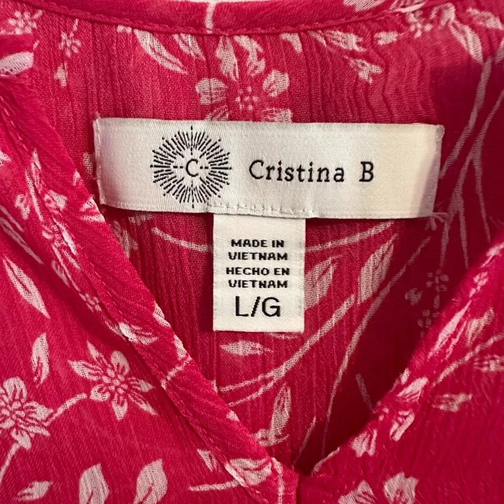 Cristina B Sleeveless V-Neck Floral Blouse / Tank Pink & White Size Large - Picture 7 of 9